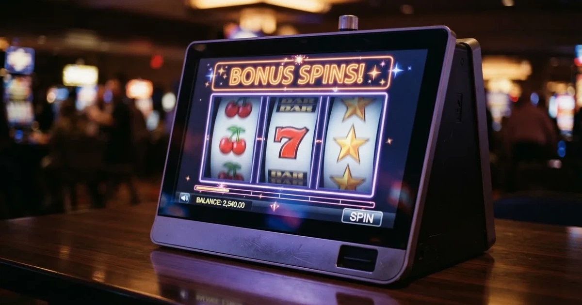 Roztočené válce online výherního automatu s barevnými symboly a nápisem „free spins“ na obrazovce