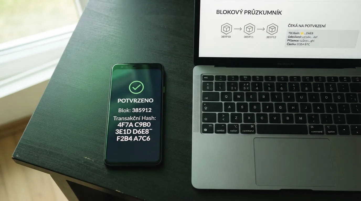 Blockchain transakce na obrazovce s potvrzením