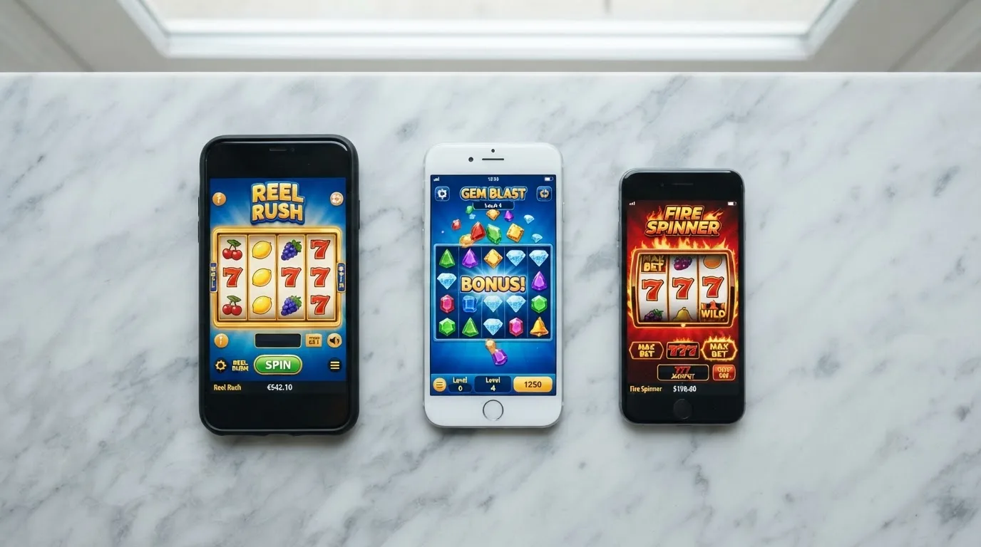 Displeje tří různých telefonů vedle sebe — Android, iPhone a HarmonyOS — každý s jinou casino aplikací na domovské obrazovce