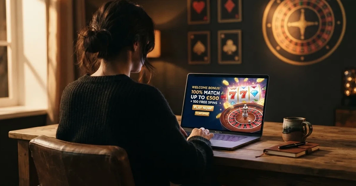 Hráč u notebooku si prohlíží stránku s nabídkou casino bonusu, na pozadí symboly karet a rulety