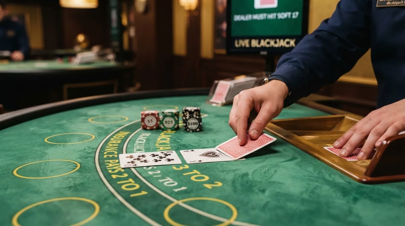 Detail rukou krupiéra rozdávajícího karty na blackjackovém stole při živém přenosu