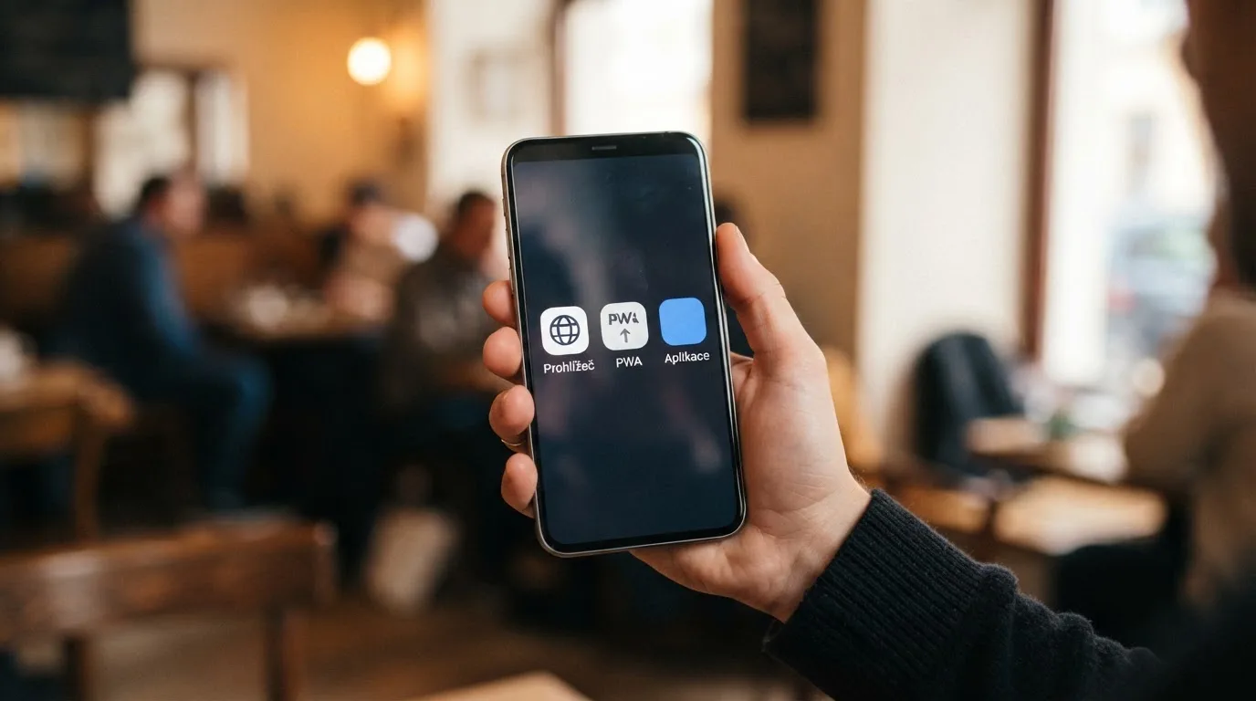 Tři ikony na displeji telefonu — ikona prohlížeče, ikona PWA zástupce a ikona nativní aplikace — vedle sebe