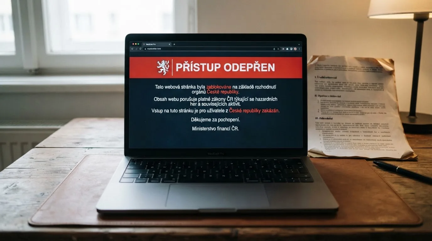 Obrazovka s výstražnou stránkou blokace hazardu ve webovém prohlížeči, v pozadí dokument s paragrafy