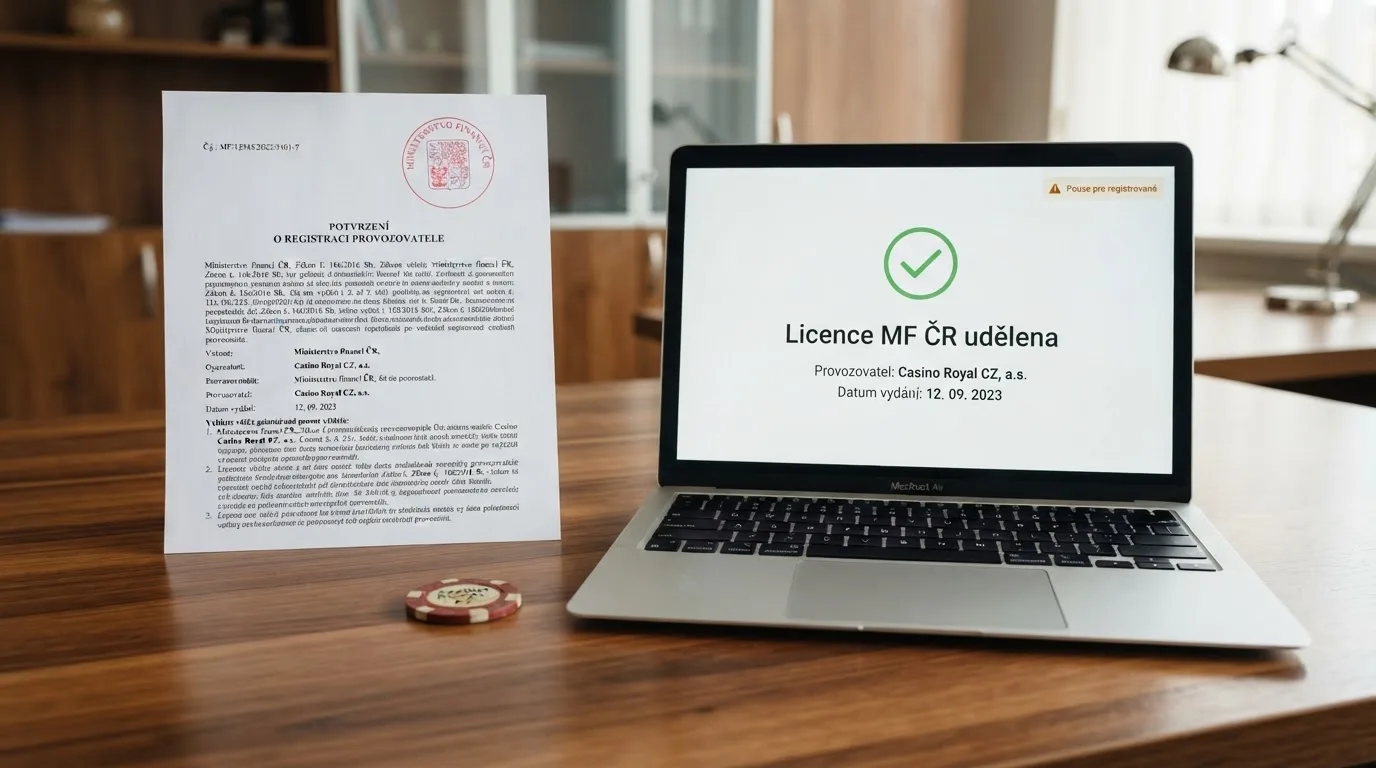 Úřední výpis z registru Ministerstva financí ČR vedle obrazovky s logem licencovaného českého casina a varovným symbolem
