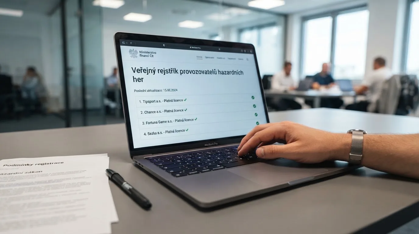 Úřední dokument s logem Ministerstva financí ČR a seznam licencovaných provozovatelů hazardních her