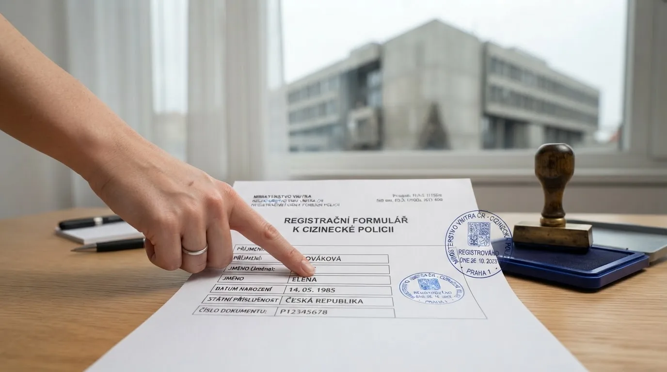 Úřední razítko Ministerstva financí ČR a detail registračního formuláře s kolonkami pro doklad totožnosti, v pozadí budova MF