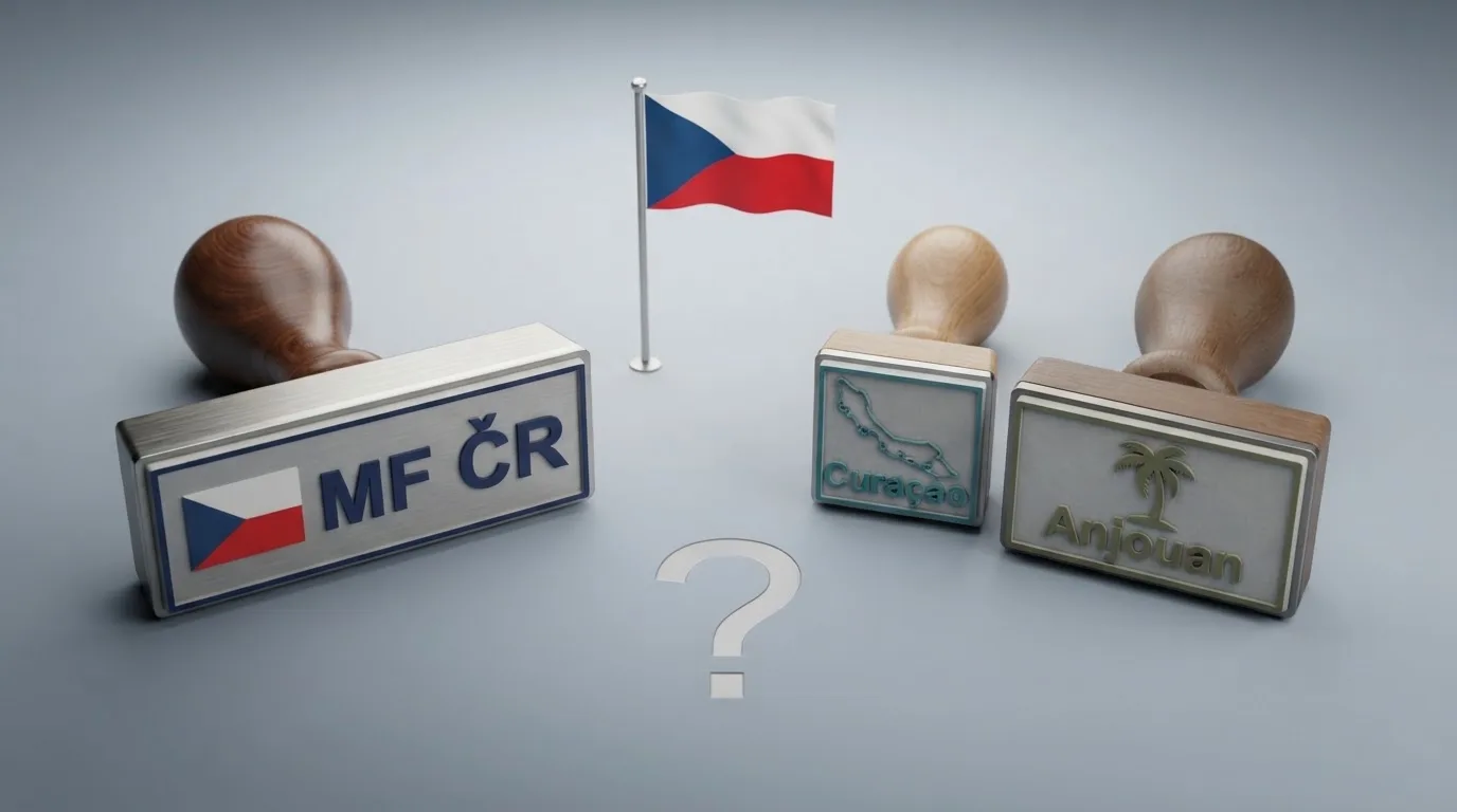 Tři razítka vedle sebe — MF ČR, Curaçao eGaming, Anjouan Gaming Board — s českou vlajkou a otazníkem uprostřed