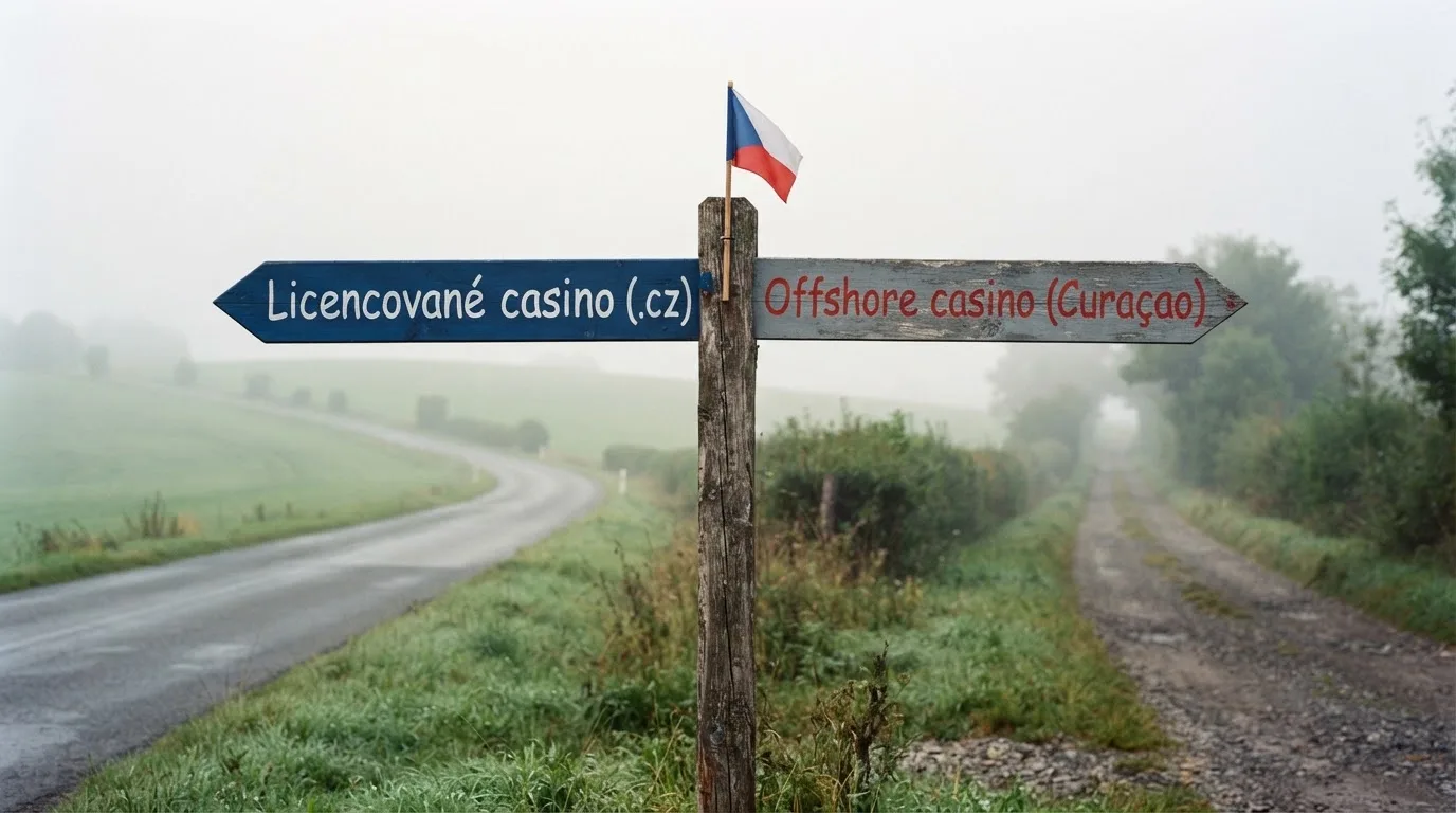 Rozcestník se dvěma směrovkami — jedna s nápisem „Licencované casino (.cz)“, druhá „Offshore casino (Curaçao)“ — a českou vlajkou uprostřed