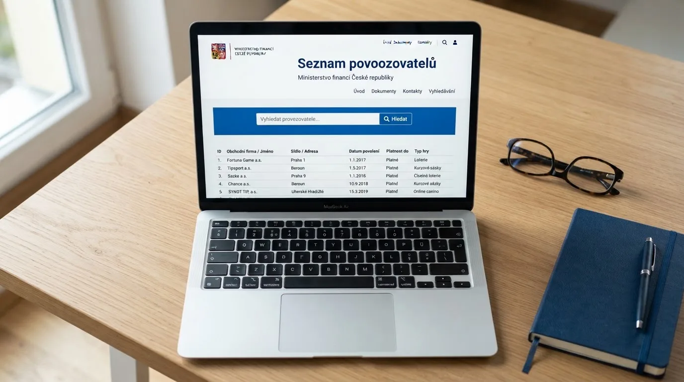 Ukázka rozhraní veřejného seznamu provozovatelů hazardních her na webu Ministerstva financí ČR s vyznačeným polem pro vyhledávání