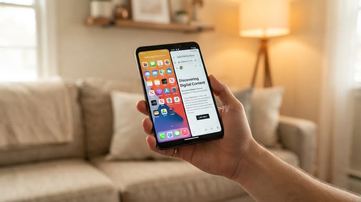 Displej telefonu zobrazující vedle sebe nativní kasino aplikaci a mobilní web