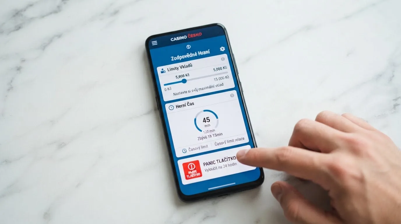 Ikony nastavení limitů vkladů, časovače herní relace a tlačítka panic button v uživatelském rozhraní online casina