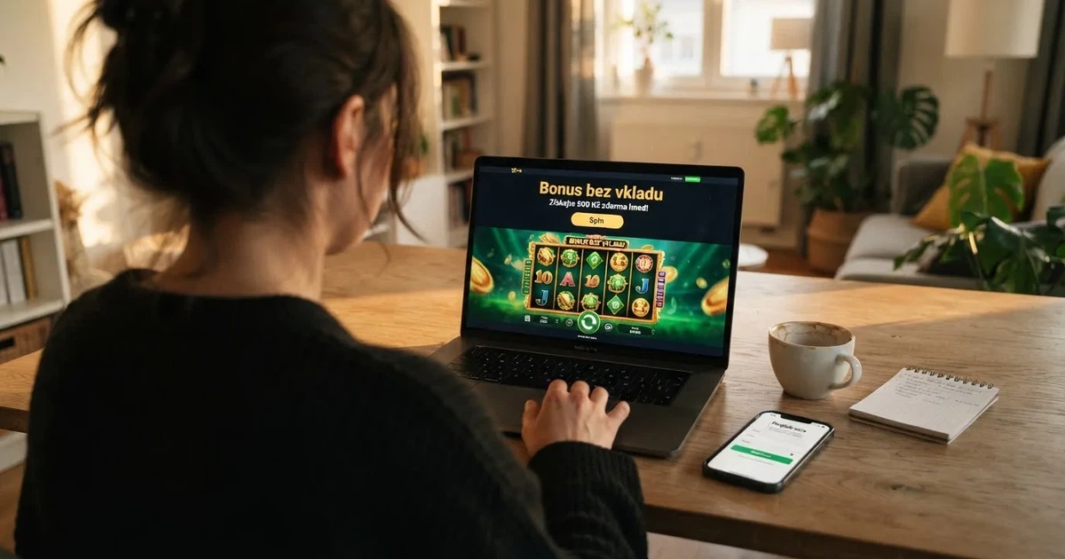 Hráč u notebooku si prohlíží nabídku bonusů bez vkladu v online casinu, na stole vedle leží mobil s otevřenou registrační stránkou