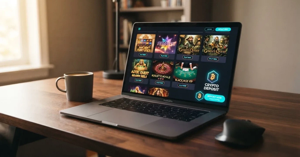Rozhraní online casina s logem Etherea a tlačítkem vkladu v kryptoměně, na obrazovce je vidět herní lobby s náhledy automatů