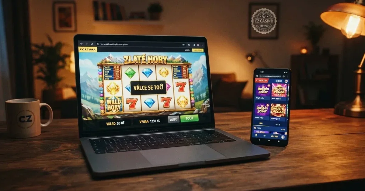 Česká online casina na obrazovce počítače a mobilu s viditelným logem MF ČR a bezpečnostním zámkem
