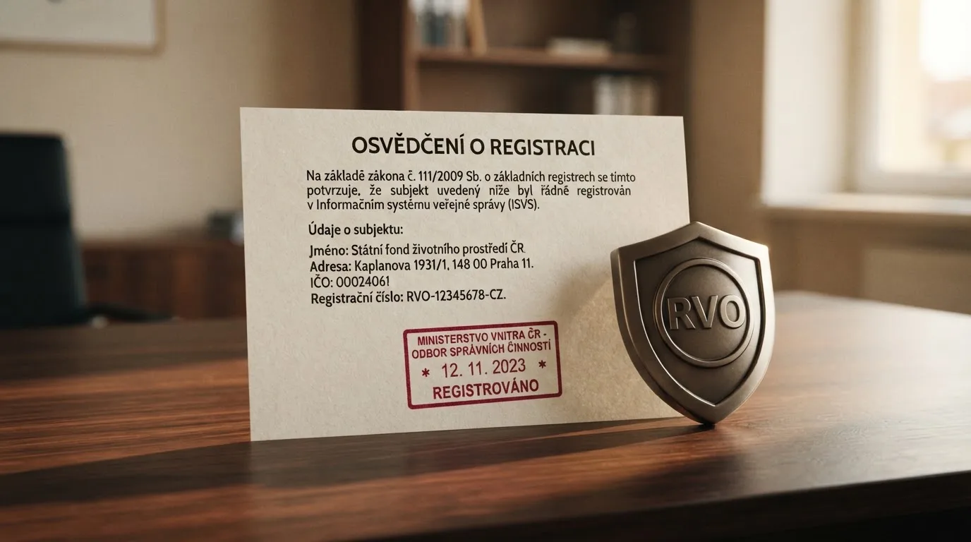 Dokument s razítkem Ministerstva financí a ikona štítu s nápisem RVO