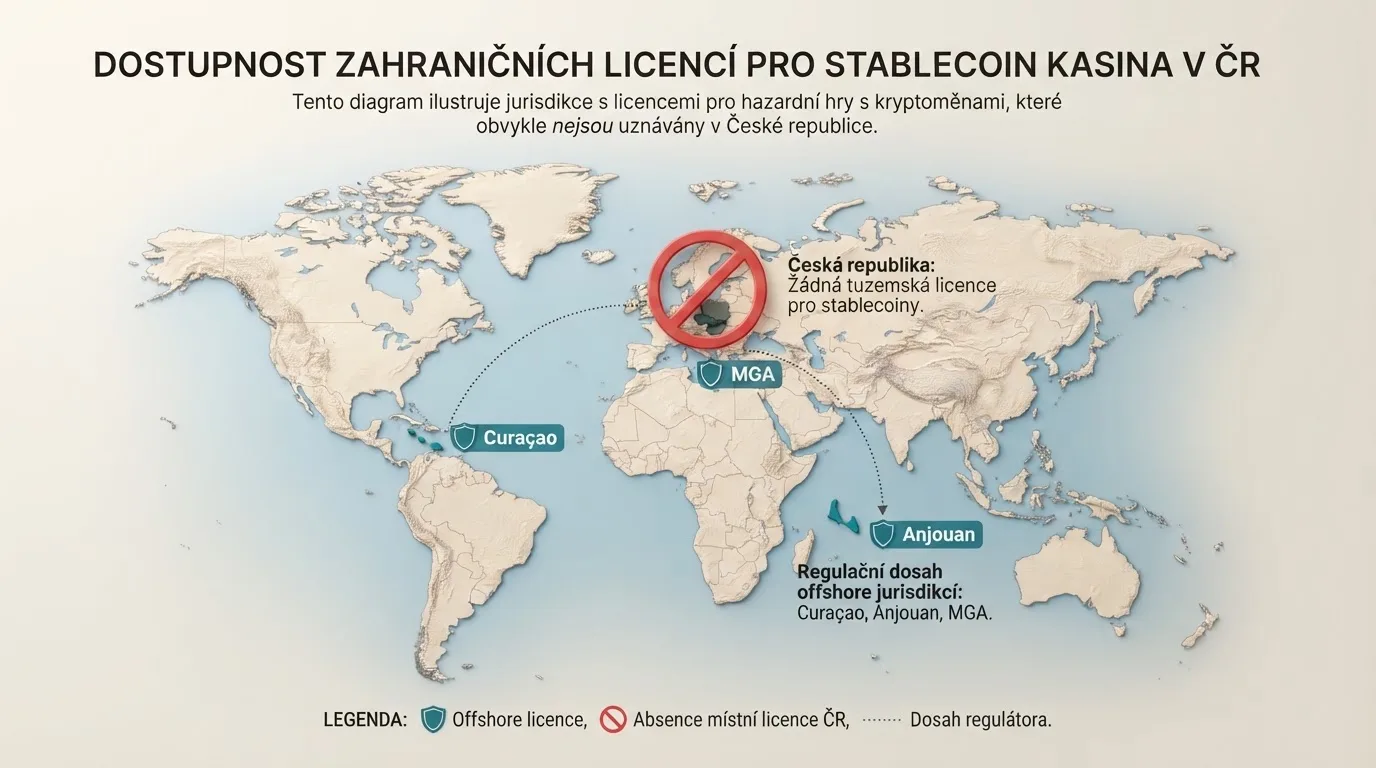 Mapa s vyznačenými licenčními jurisdikcemi — Curaçao, Anjouan, MGA — a symbolem zákazu u České republiky