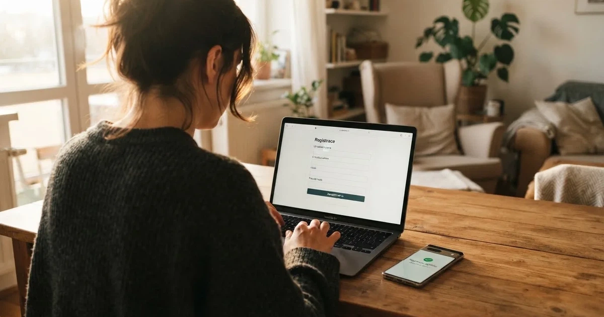 Hráč u počítače si prohlíží registrační formulář českého online casina na obrazovce, vedle leží občanský průkaz a telefon s otevřenou aplikací Bank iD.
