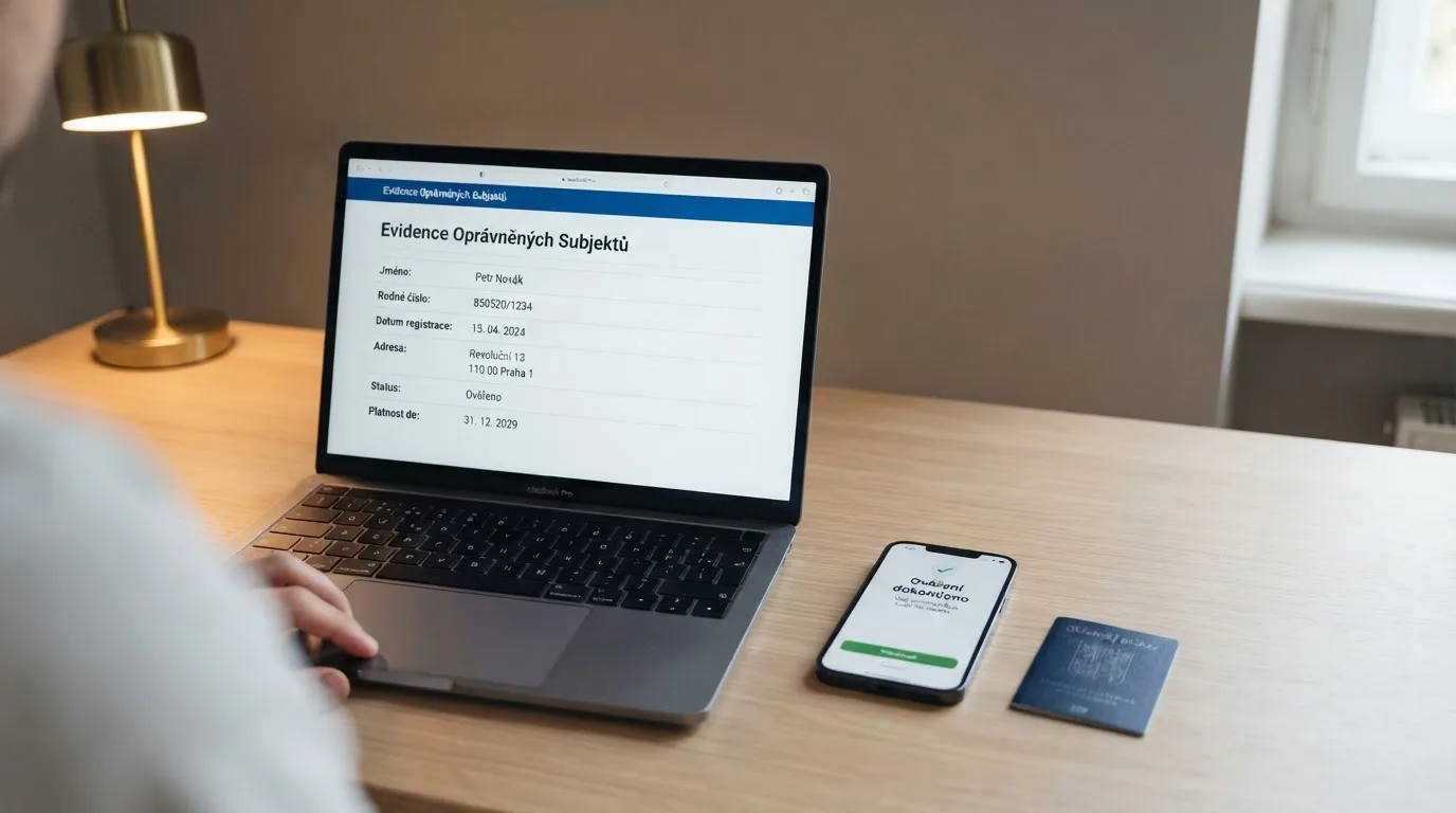 Úřední výpis z veřejného registru Ministerstva financí ČR na monitoru — vedle něj leží občanský průkaz a mobil s obrazovkou ověření Bank iD