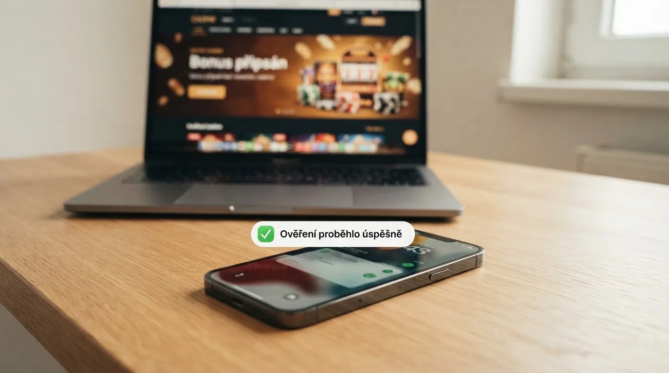 Mobilní telefon s otevřenou aplikací Bank iD a notifikací o úspěšném ověření totožnosti, na pozadí rozmazaná stránka casina s nápisem „bonus připsán“.