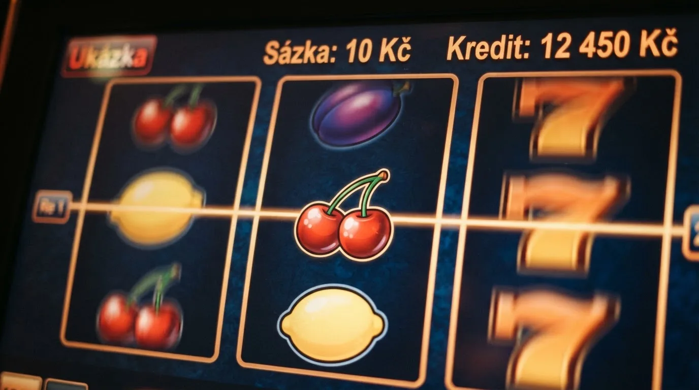 Ovocný automat ve stylu české klasiky — třešně, citrony a sedmičky na válcích v demo režimu