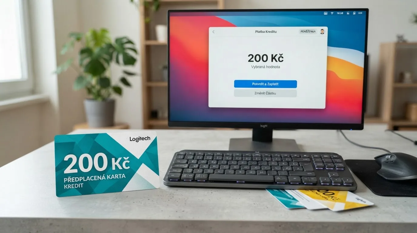 Paysafecard kupon v hodnotě 200 Kč položený vedle klávesnice, na monitoru je vidět platební brána online casina s logem Paysafecard