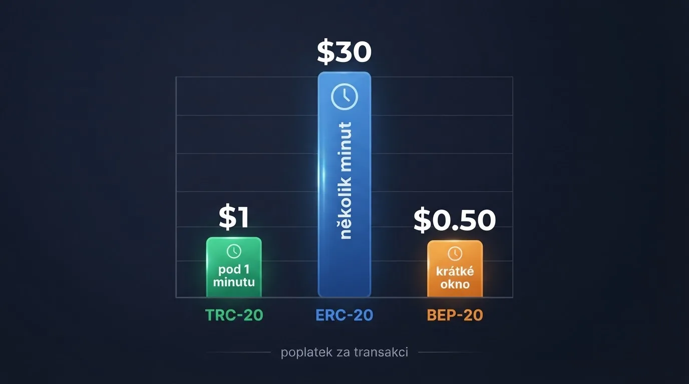 Srovnání tří blockchainových sítí — TRC-20, ERC-20 a BEP-20 — s ikonami Tron, Ethereum a BNB Chain a částkami poplatků v dolarech