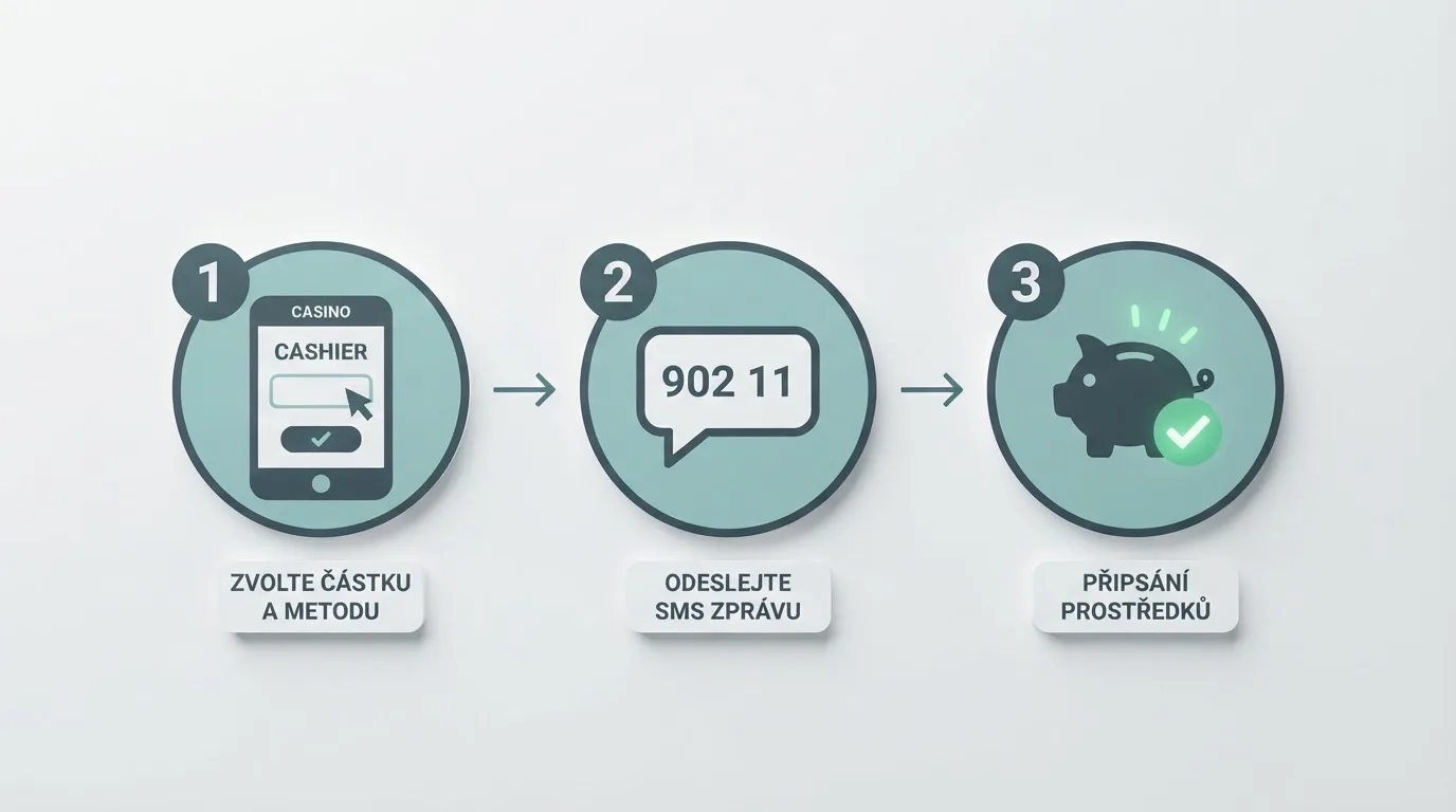 Schéma tří kroků SMS vkladu: výběr částky v pokladně casina, odeslání SMS na číslo 90211, připsání kreditu na herní účet