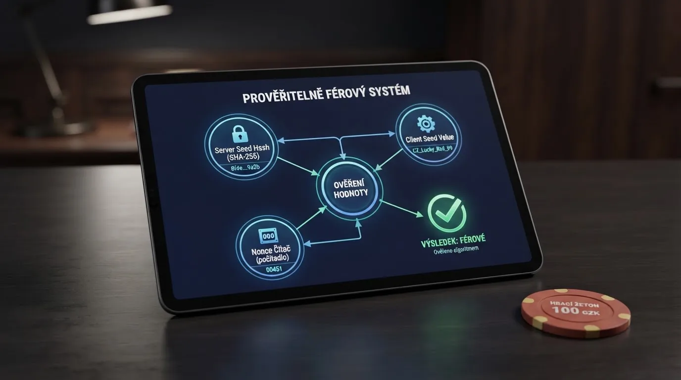 Schéma provably fair mechanismu — server seed, client seed, nonce a hash řetězec na displeji