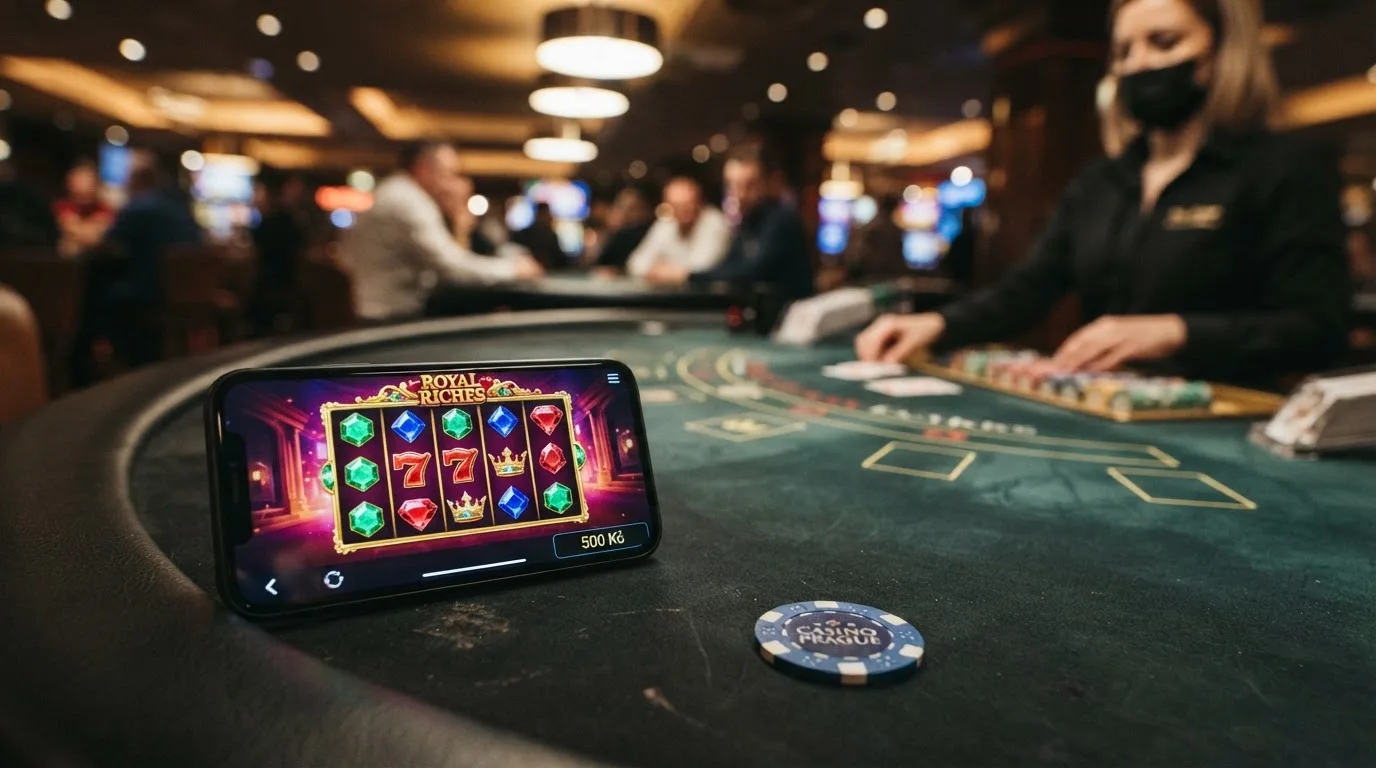 Rozhraní online automatu s českou lokalizací, v pravém dolním rohu ukazatel limitu 500 Kč na sázku, vedle něj live dealer u stolu