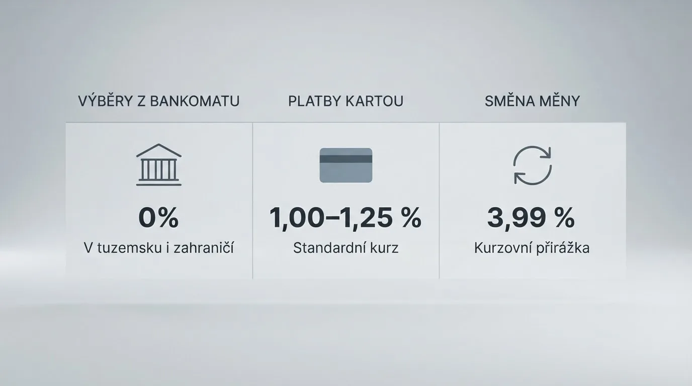Tabulka s rozpisem poplatků — ikony banky, kreditní karty a měnové konverze, ke každé přiřazená procentuální sazba