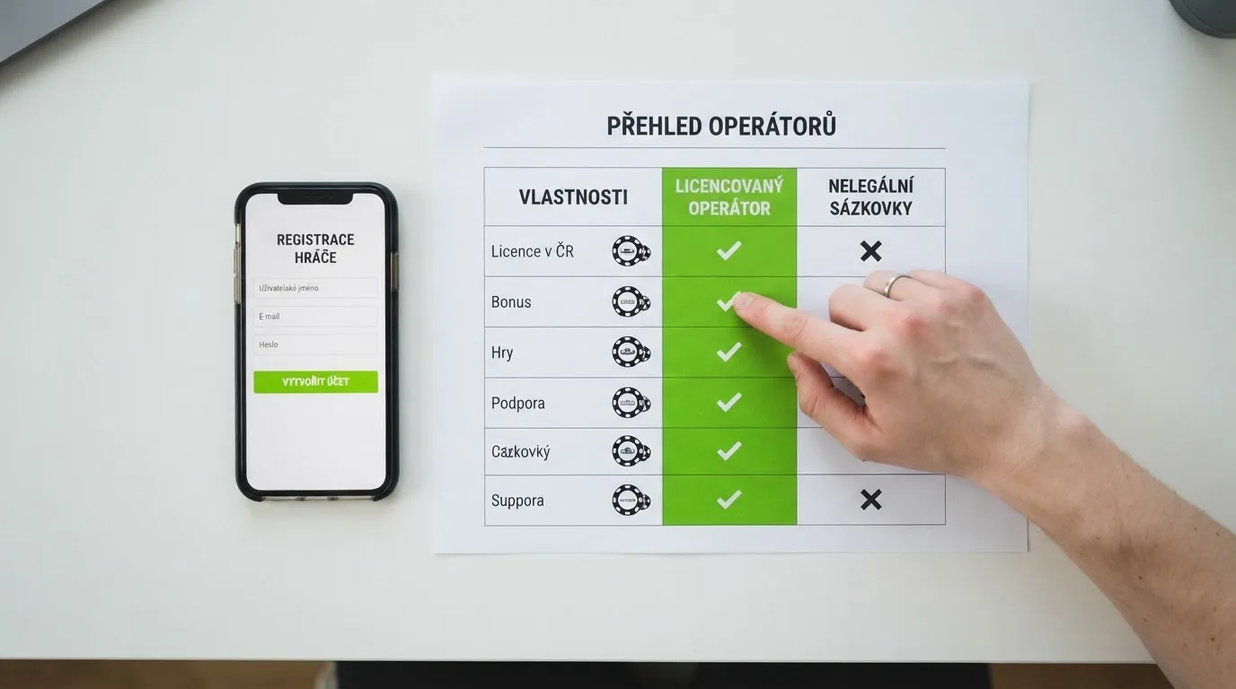 Srovnávací tabulka online casin zvýrazňující sloupce s licencí a podmínkami protočení, vedle ní mobil s otevřenou registrační stránkou
