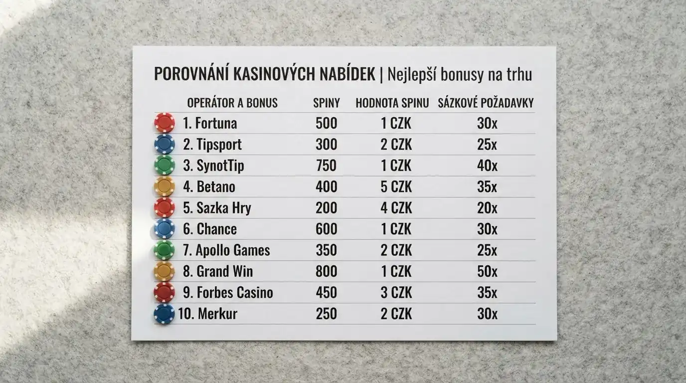 Srovnávací tabulka deseti českých licencovaných online casin s počty free spinů, hodnotou zatočení a podmínkami