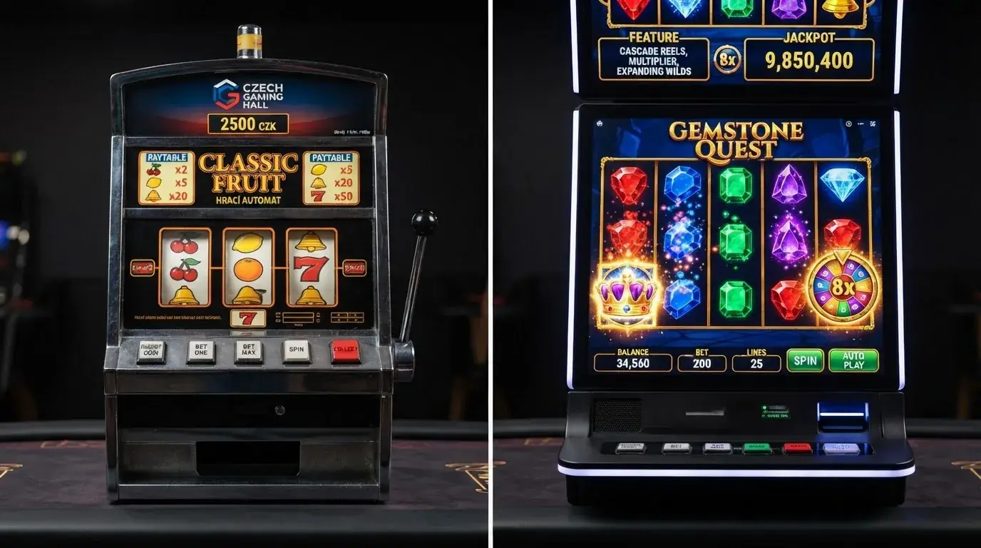 Rozdělená obrazovka — vlevo klasický ovocný automat od Kajot Games s jednoduchou grafikou a třemi válci, vpravo moderní slot od Pragmatic Play s bohatou animací, kaskádovými výhrami a bonusovou hrou.