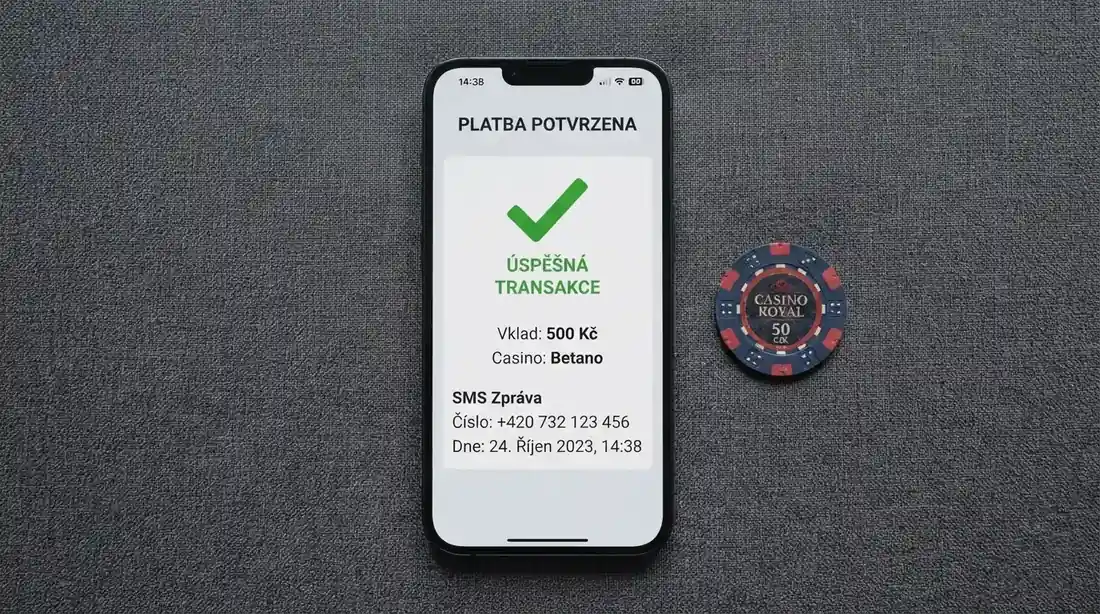 Mobilní telefon zobrazující potvrzení Premium SMS platby do casina