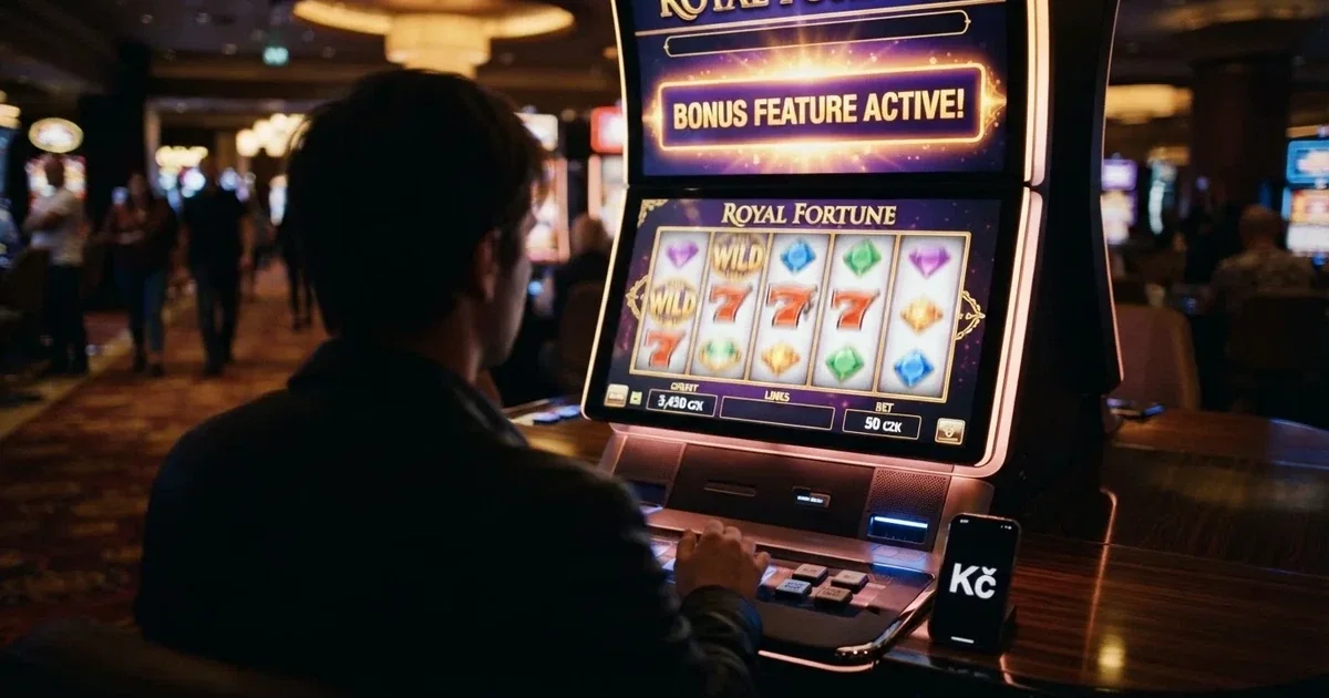 Hráč sleduje roztočené válce automatu, na obrazovce svítí nápis „free spins“, vedle leží mobil s otevřenou stránkou kasina