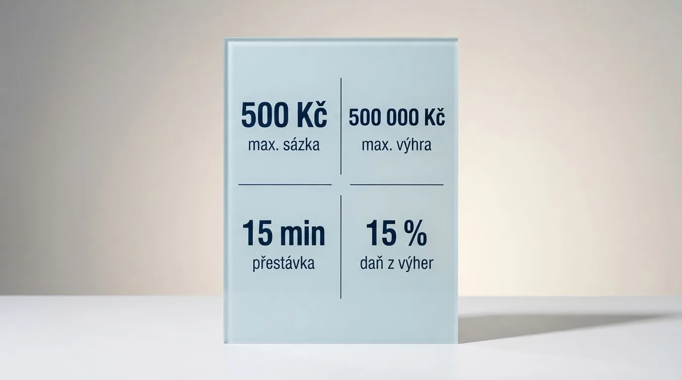 Infografika znázorňující klíčové zákonné limity — 500 Kč max sázka, 500 000 Kč max výhra, 15min pauza, 15% daň