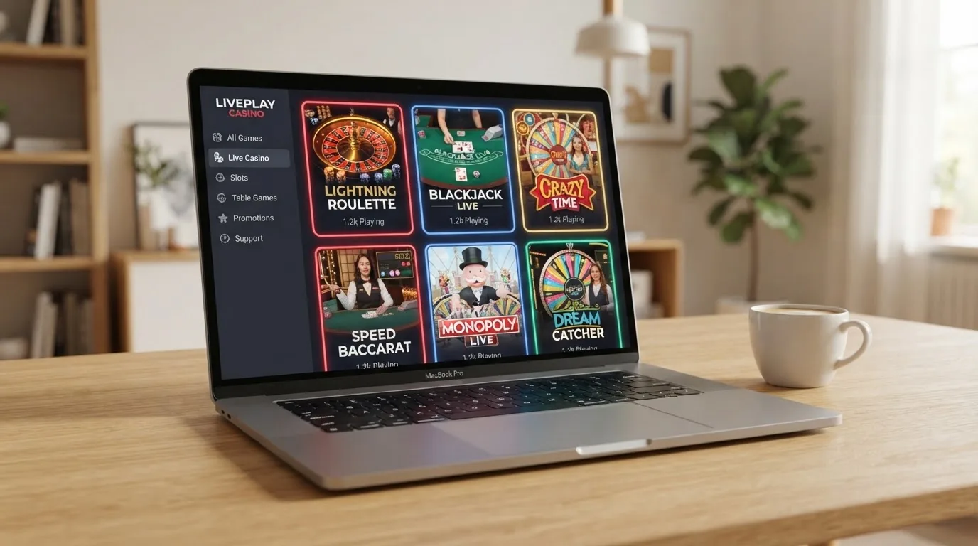 Přehled několika typů živých her na obrazovce — ruleta, blackjack a herní show vedle sebe v dlaždicovém rozhraní live casina