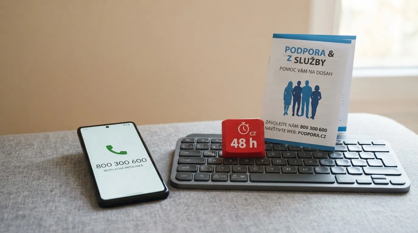 Telefon s vytočeným číslem 800 300 600 na displeji, vedle něj klávesnice s tlačítkem „Panic — 48 h“ a leták Anonymních hráčů